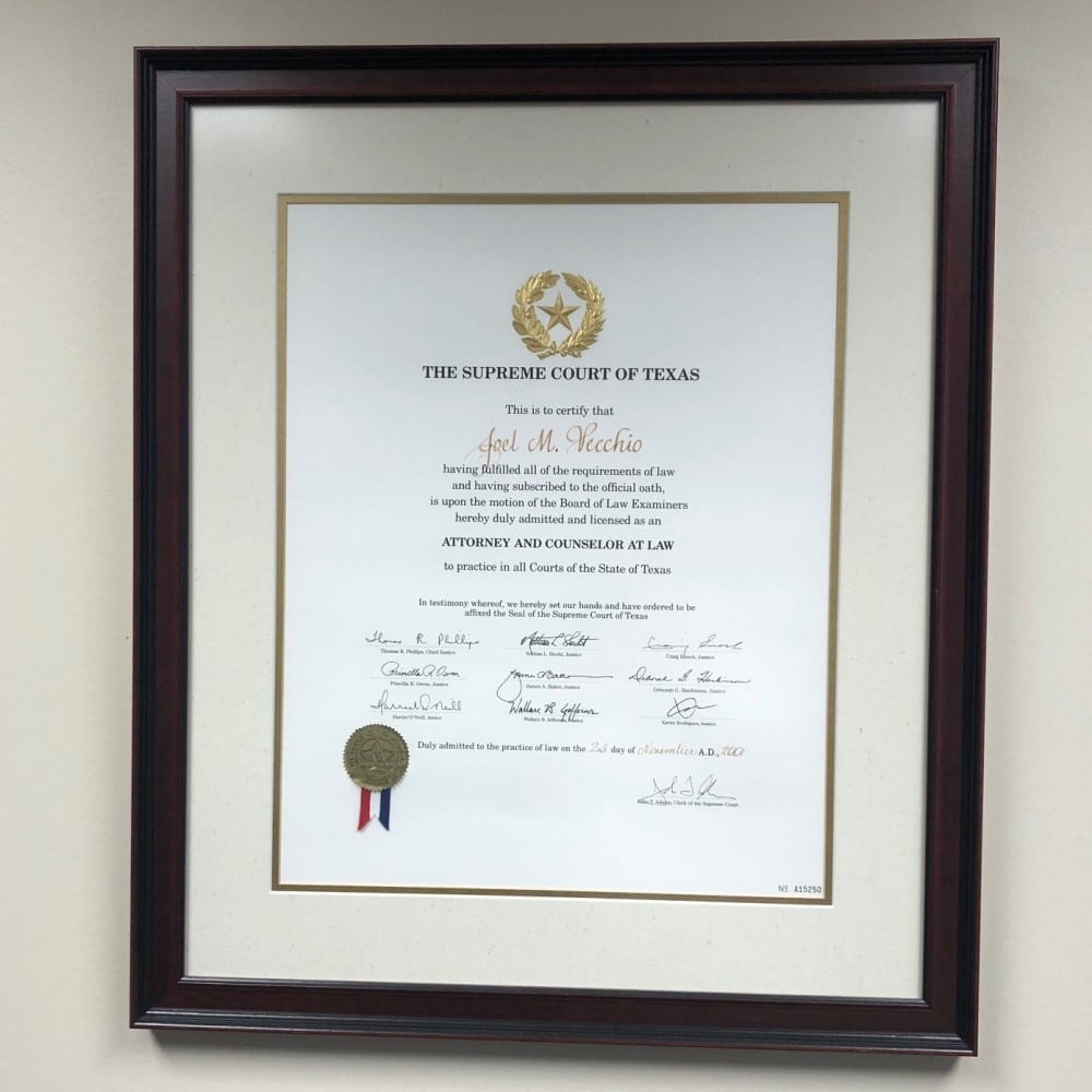 This image displays the official certificate from the Supreme Court of Texas, admitting Joel M. Vecchio as an Attorney and Counselor at Law on November 2, 2001. This framed document marks the beginning of Joel's distinguished legal career spanning over two decades, primarily focused on personal injury law in Plano and Collin County. Joel's practice areas include car and truck accidents, motorcycle accidents, premises liability, wrongful death, and workplace injuries. As a member of the Plano and Collin County Bar Associations, he has built a reputation for combining deep legal expertise with a compassionate, client-centered approach. This certificate, following his Juris Doctor from the University of Tulsa College of Law, represents not just his educational achievement but also his commitment to securing justice and compensation for his clients across various personal injury cases. Joel's admission to the Texas Bar, as shown here, laid the foundation for his recognition as a Top 100 Trial Lawyer and Super Lawyer in subsequent years.