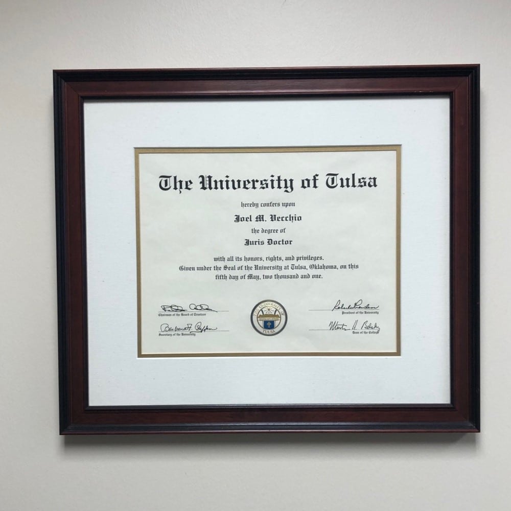 This image displays the Juris Doctor degree certificate for Joel M. Vecchio, awarded by the University of Tulsa College of Law in 2001. This academic achievement marks the culmination of Joel's legal education, following his Bachelor of Science from Texas Christian University in 1998. The degree reflects Joel's family legacy in law, inspired by his father and 11 other family members who are licensed attorneys and judges. This certificate represents the foundation of Joel's over two-decade career in personal injury law, where he has earned recognition as a Top 100 Trial Lawyer and Super Lawyer. Since his admission to the State Bar of Texas in November 2001, Joel has built a reputation for combining deep legal expertise with a compassionate, client-centered approach, handling cases ranging from car accidents to wrongful death claims. His Juris Doctor degree symbolizes the beginning of a career dedicated to securing justice and compensation for his clients.