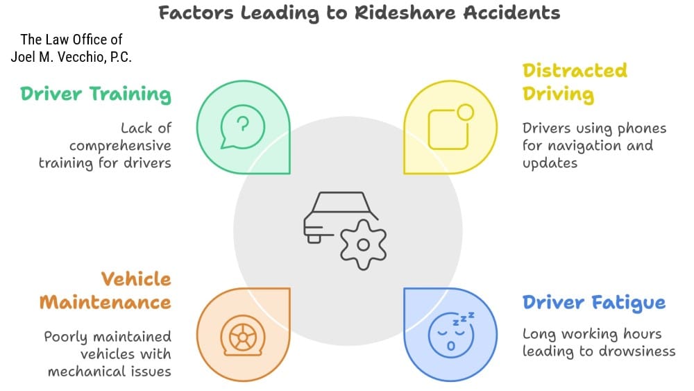 Common causes of rideshare accidents include distracted driving from app navigation, driver fatigue from long hours, inadequate vehicle maintenance, and insufficient driver training. Distracted driving occurs when drivers divide their attention between the road and their phones, leading to slower reaction times. Driver fatigue is another key factor, as extended hours can impair focus and decision-making, creating risks for passengers and other drivers. Inadequate vehicle maintenance can cause serious accidents, with common issues like worn tires, brake failure, and fluid leaks compromising safety. Lastly, insufficient driver training leaves many drivers unprepared to handle emergencies, recognize hazards, or navigate diverse passenger behaviors, increasing the likelihood of accidents. It is essential that drivers stay focused, rest when needed, maintain their vehicles, and receive proper training to ensure safety on the roads.