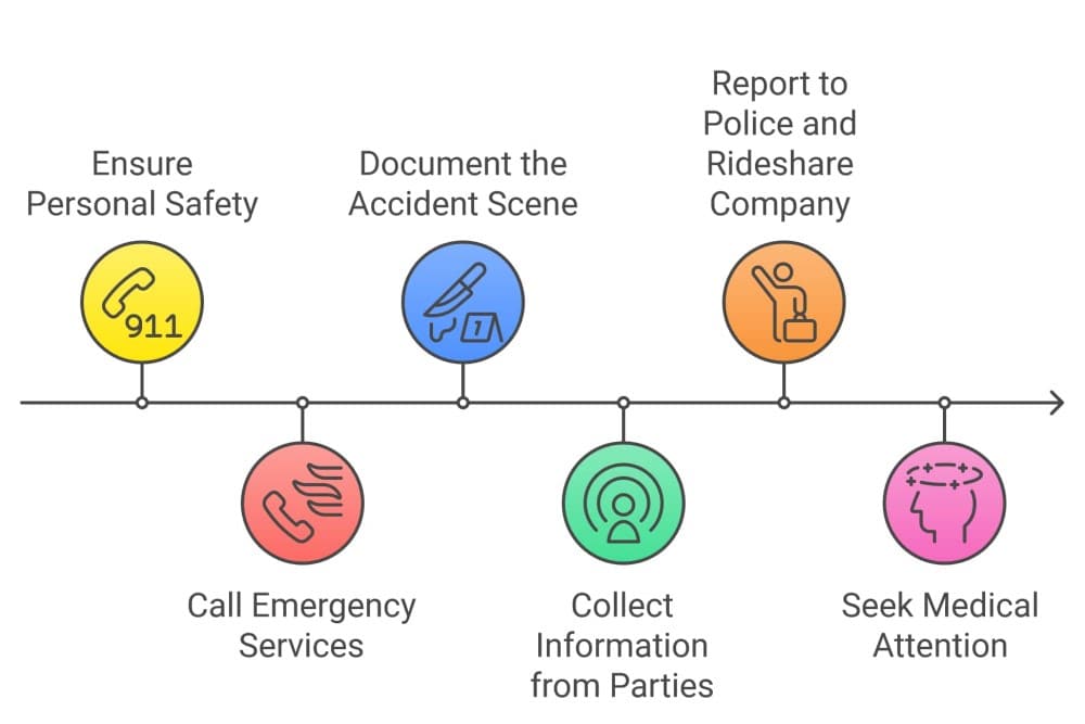 After a rideshare accident, your first priority should be ensuring your safety and the safety of others. Move to a safe location away from traffic if possible, and assess everyone for injuries, calling 911 for emergency medical assistance if needed. Once safe, document the accident by taking clear photos of all vehicles involved, license plates, damage, road conditions, and traffic signs. Collect vital information, including the names, phone numbers, and insurance details of the rideshare driver, other drivers, passengers, and any witnesses present. It's essential to report the accident to both the police and the rideshare company—police will create an official accident report, and the rideshare company will log the incident for insurance purposes. Lastly, seek medical attention immediately, even if injuries seem minor, and maintain records of all medical evaluations and treatments for any future claims or legal actions.